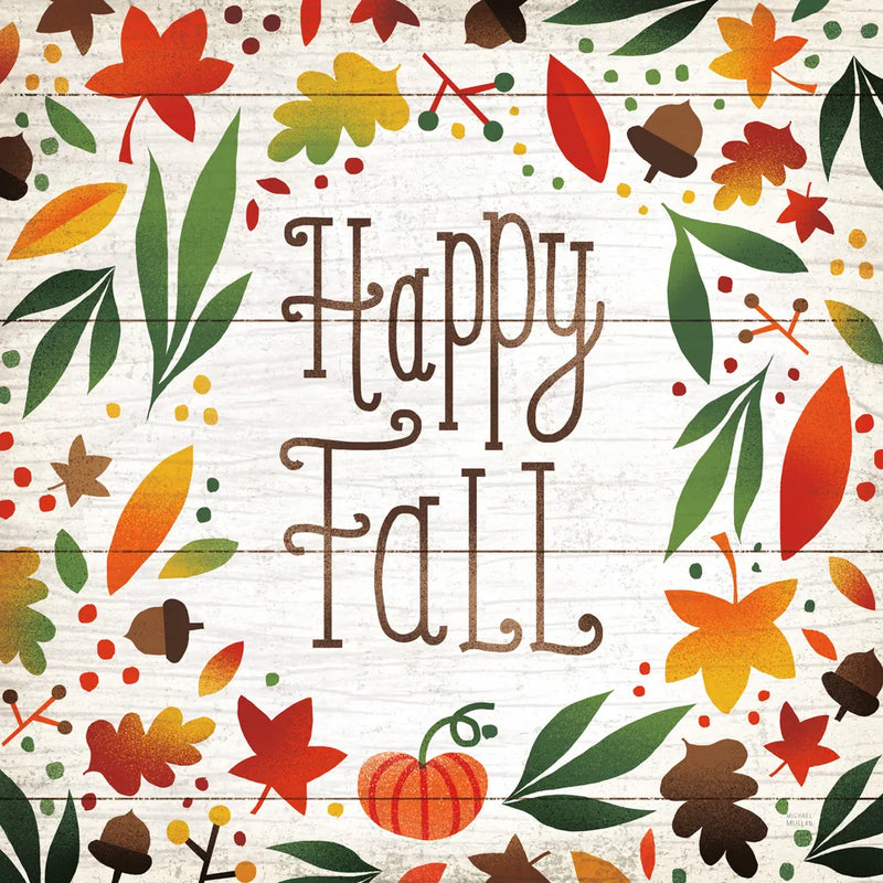 Harvest Time Happy Fall Shiplap Sq by Michael Mullan. SKU 44978a. Archival Giclee Fine art print for wall decor.