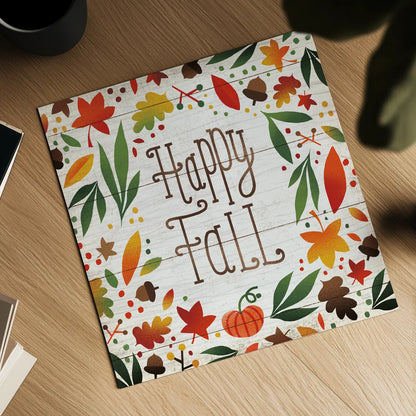 Harvest Time Happy Fall Shiplap Sq by Michael Mullan. Shown as a detailed flat fine art print, highlighting archival giclee quality. Available as an archival giclee rolled canvas, fine art paper, or poster print. SKU 44978a.