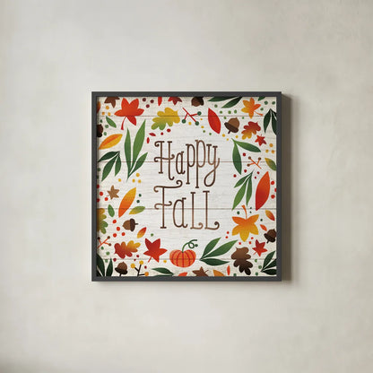 Harvest Time Happy Fall Shiplap Sq by Michael Mullan. Shown in a sleek black glass frame for a contemporary gallery look. Available as an archival giclee rolled canvas, fine art paper, or poster print. SKU 44978a.