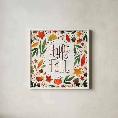 Harvest Time Happy Fall Shiplap Sq by Michael Mullan. Shown in a crisp white glass frame for a clean and minimalist style. Available as an archival giclee rolled canvas, fine art paper, or poster print. SKU 44978a.