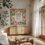 Harvest Time Happy Fall Shiplap Sq by Michael Mullan. Shown in a natural wood frame in a cozy modern living room. Available as an archival giclee rolled canvas, fine art paper, or poster print. SKU 44978a.