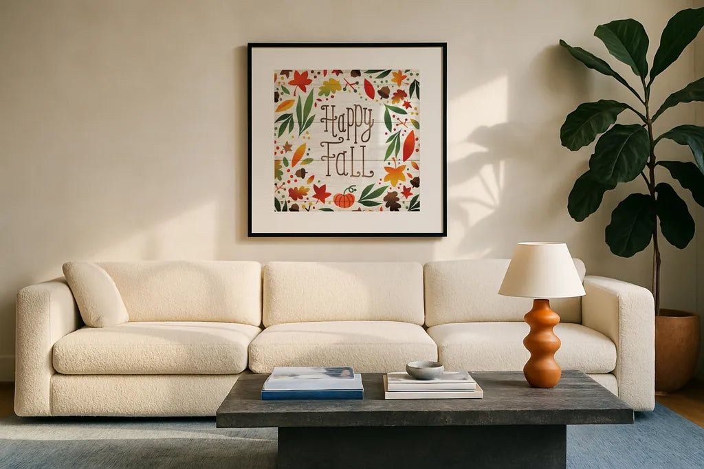 Harvest Time Happy Fall Shiplap Sq by Michael Mullan. Displayed in a glass frame with matte in a clean modern living room. Available as an archival giclee rolled canvas, fine art paper, or poster print. SKU 44978a.