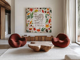 Harvest Time Happy Fall Shiplap Sq by Michael Mullan. Shown as extra-large giant wall art in a modern living room. Available as an archival giclee rolled canvas, fine art paper, or poster print. SKU 44978a.