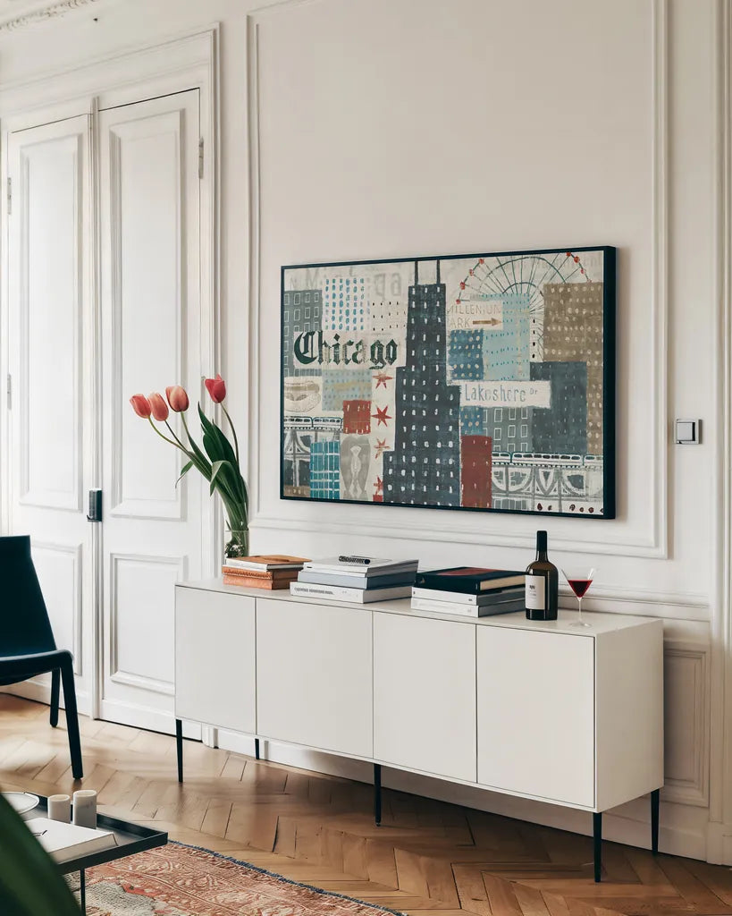 Hey Chicago II by Michael Mullan. shown as a framed stretched canvas in a living room above a console. Available as a archival giclee rolled canvas, fine art paper, or poster print. SKU 80622i.