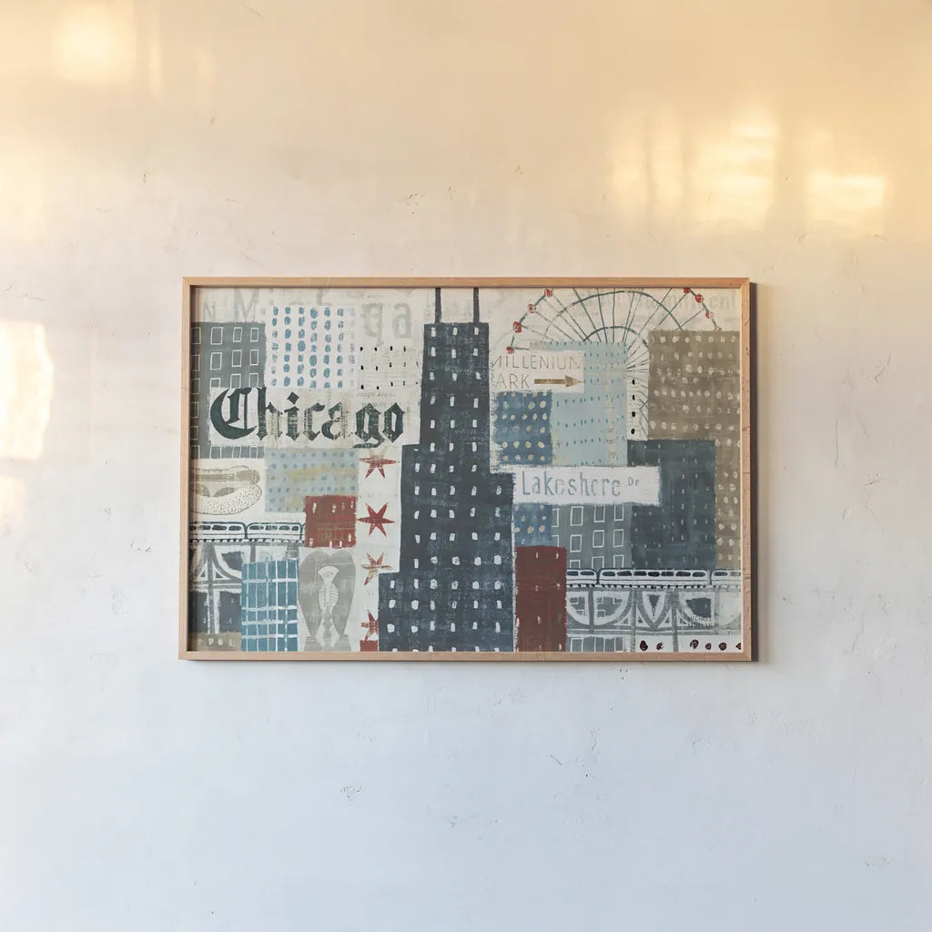 Hey Chicago II by Michael Mullan. shown as a paper print in a natural frame. Available as a archival giclee rolled canvas, fine art paper, or poster print. SKU 80622i.