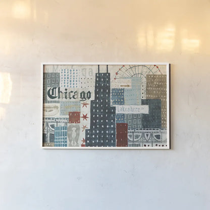 Hey Chicago II by Michael Mullan. shown as a paper print in a white frame. Available as a archival giclee rolled canvas, fine art paper, or poster print. SKU 80622i.