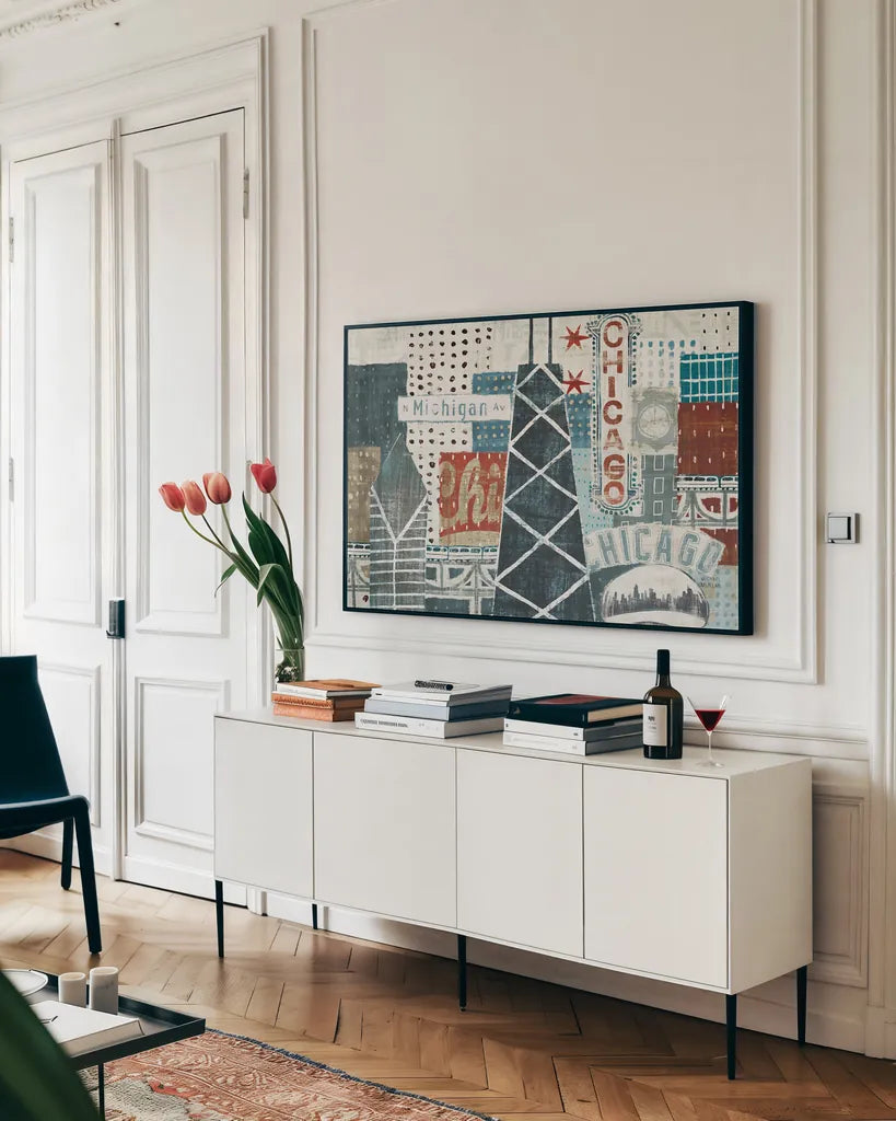 Hey Chicago III by Michael Mullan. shown as a framed stretched canvas in a living room above a console. Available as a archival giclee rolled canvas, fine art paper, or poster print. SKU 80623i.