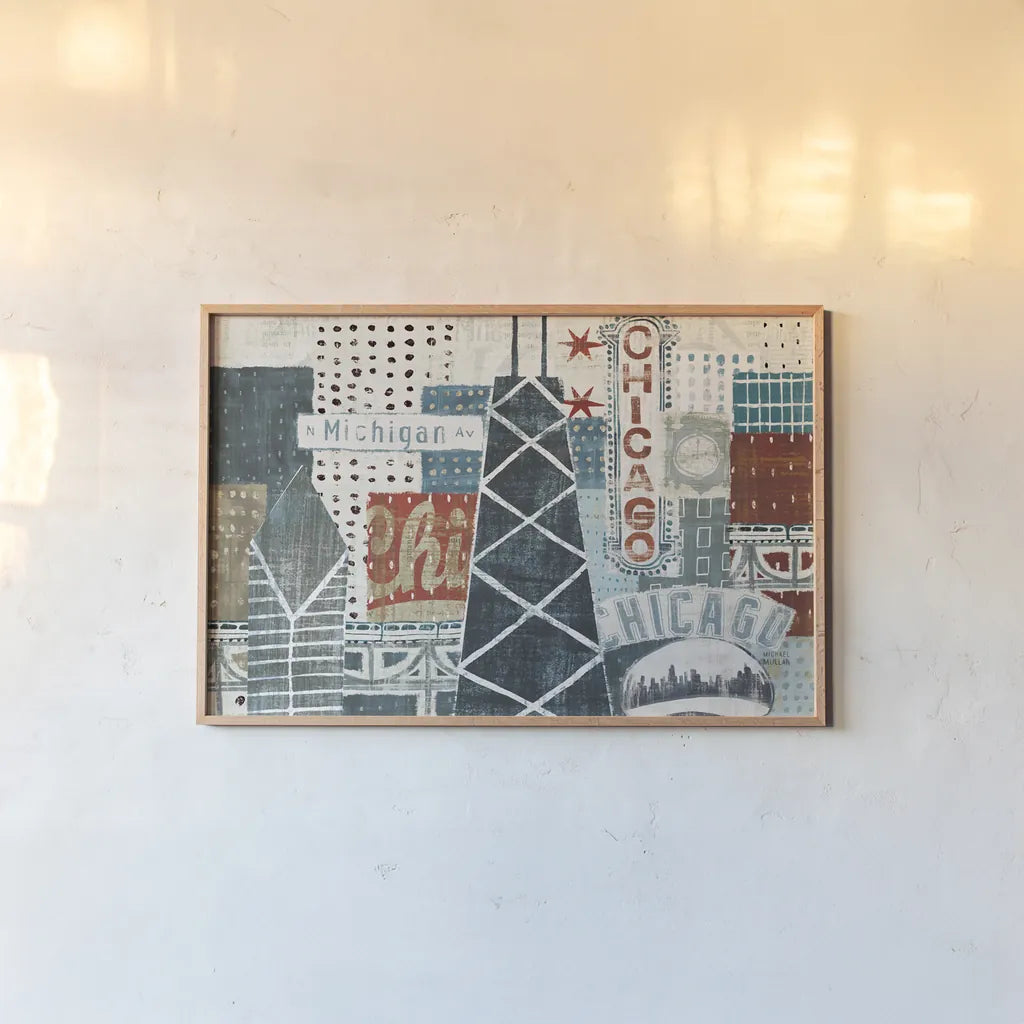 Hey Chicago III by Michael Mullan. shown as a paper print in a natural frame. Available as a archival giclee rolled canvas, fine art paper, or poster print. SKU 80623i.