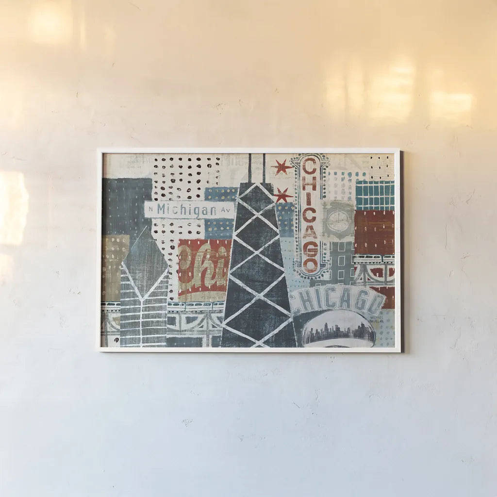 Hey Chicago III by Michael Mullan. shown as a paper print in a white frame. Available as a archival giclee rolled canvas, fine art paper, or poster print. SKU 80623i.
