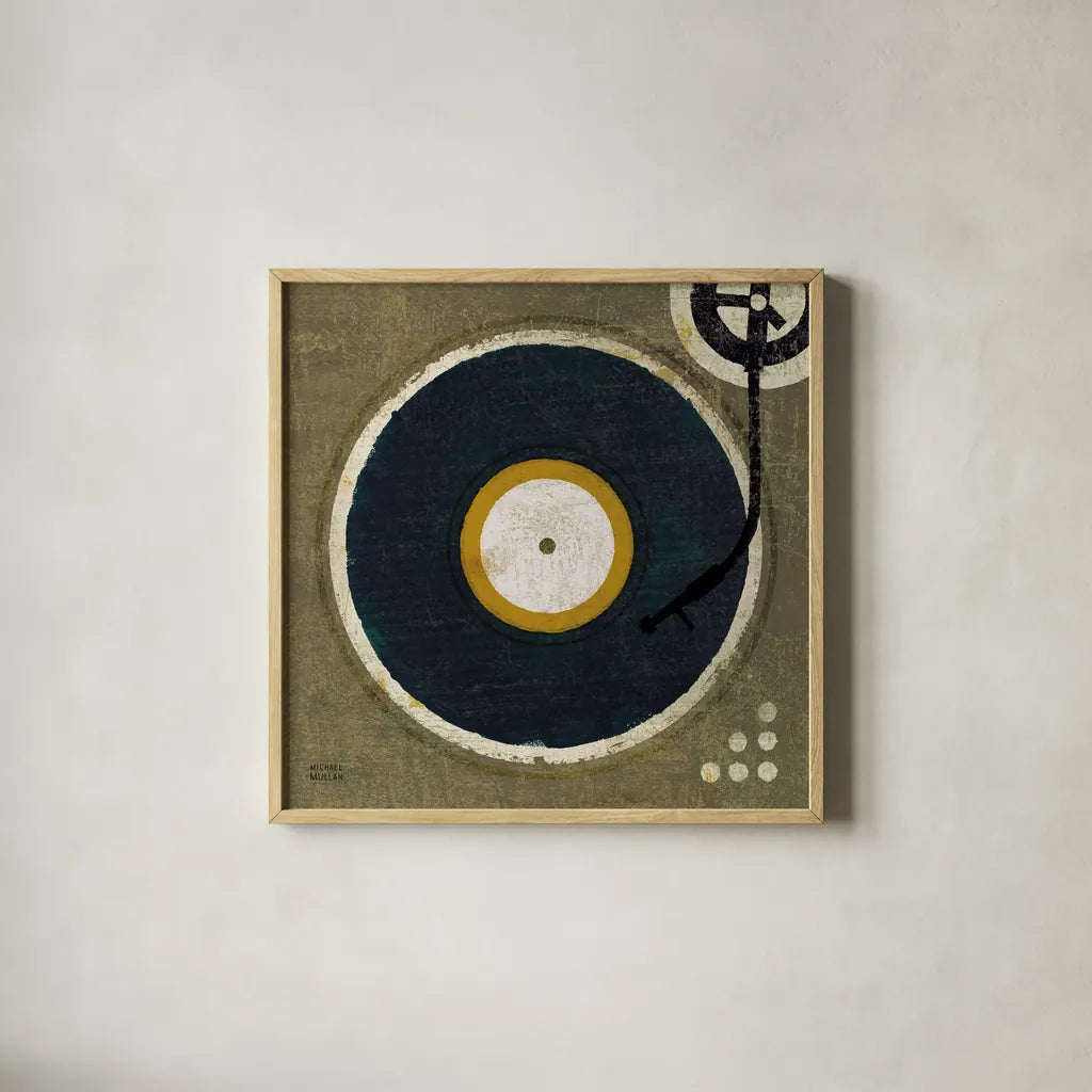 High Fidelity Square I by Michael Mullan. Shown in a natural wood glass frame for a timeless modern aesthetic. Available as an archival giclee rolled canvas, fine art paper, or poster print. SKU 50424a.