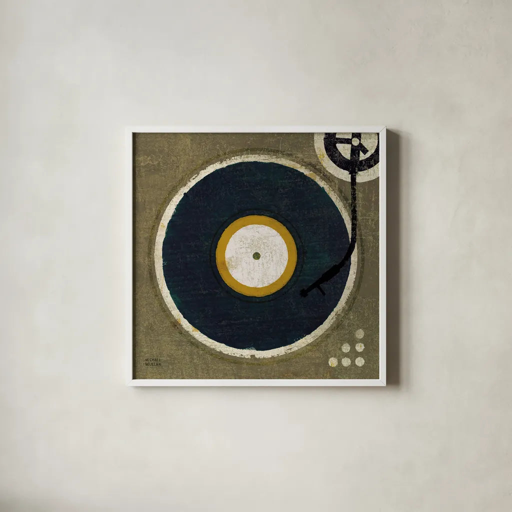 High Fidelity Square I by Michael Mullan. Shown in a crisp white glass frame for a clean and minimalist style. Available as an archival giclee rolled canvas, fine art paper, or poster print. SKU 50424a.