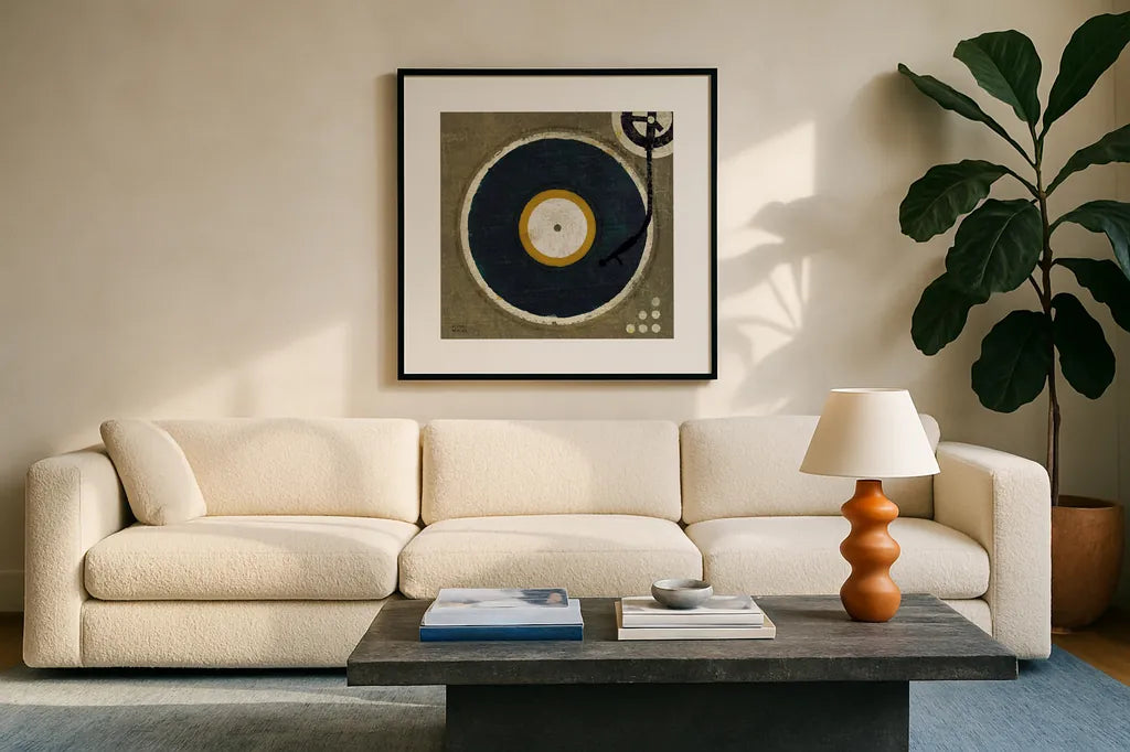 High Fidelity Square I by Michael Mullan. Displayed in a glass frame with matte in a clean modern living room. Available as an archival giclee rolled canvas, fine art paper, or poster print. SKU 50424a.