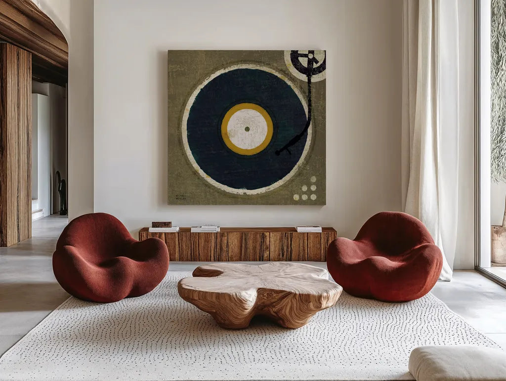 High Fidelity Square I by Michael Mullan. Shown as extra-large giant wall art in a modern living room. Available as an archival giclee rolled canvas, fine art paper, or poster print. SKU 50424a.