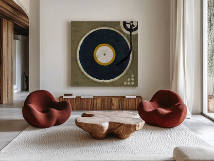 High Fidelity Square I by Michael Mullan. Shown as extra-large giant wall art in a modern living room. Available as an archival giclee rolled canvas, fine art paper, or poster print. SKU 50424a.