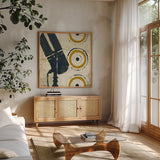 High Fidelity Square II by Michael Mullan. Shown in a natural wood frame in a cozy modern living room. Available as an archival giclee rolled canvas, fine art paper, or poster print. SKU 50425a.