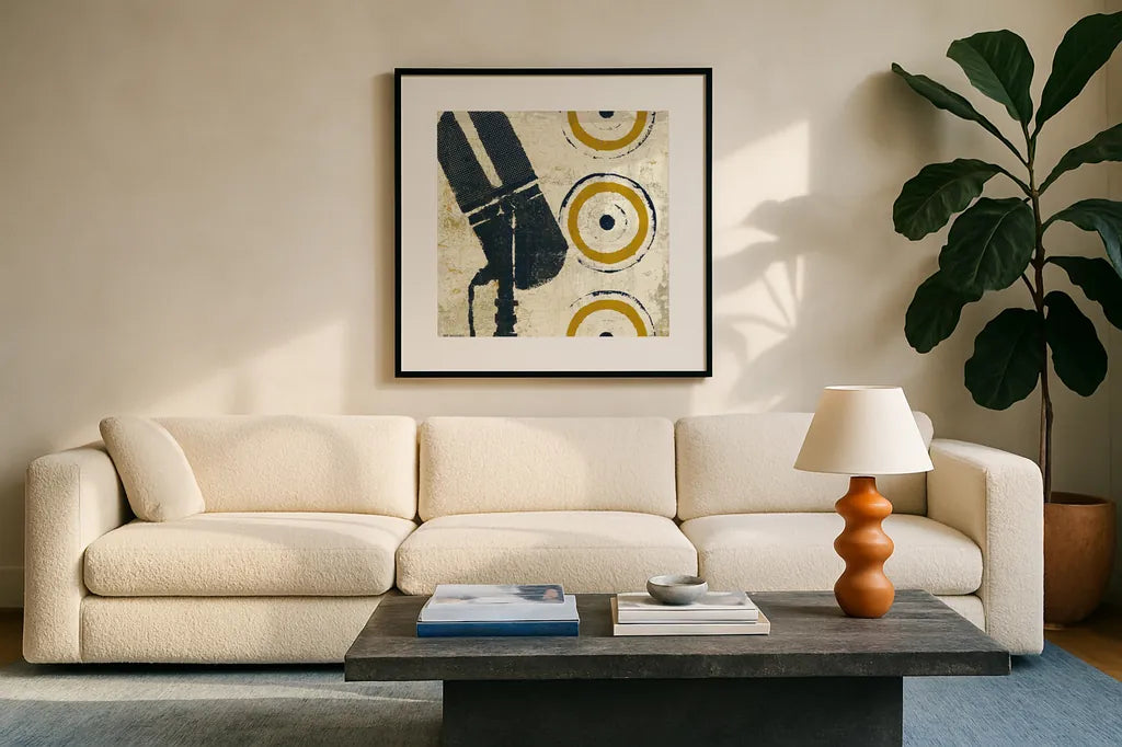 High Fidelity Square II by Michael Mullan. Displayed in a glass frame with matte in a clean modern living room. Available as an archival giclee rolled canvas, fine art paper, or poster print. SKU 50425a.