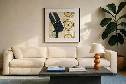 High Fidelity Square II by Michael Mullan. Displayed in a glass frame with matte in a clean modern living room. Available as an archival giclee rolled canvas, fine art paper, or poster print. SKU 50425a.