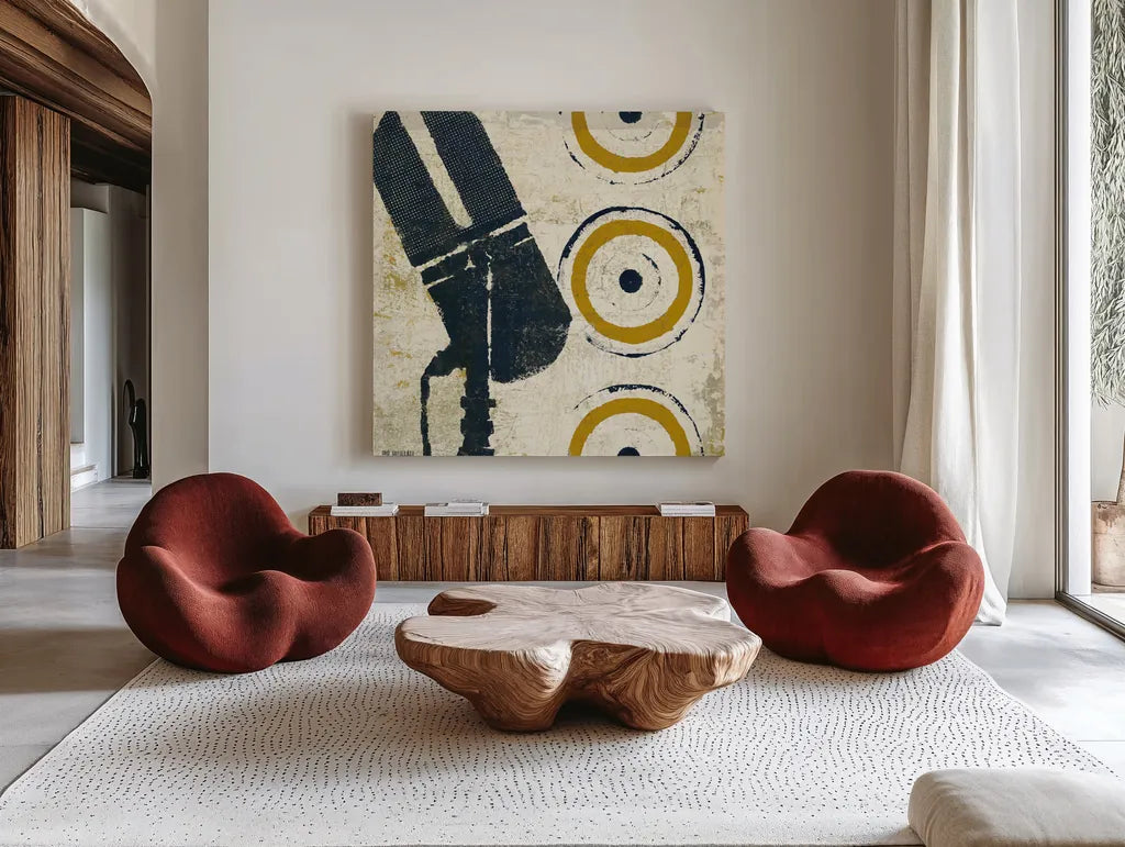 High Fidelity Square II by Michael Mullan. Shown as extra-large giant wall art in a modern living room. Available as an archival giclee rolled canvas, fine art paper, or poster print. SKU 50425a.