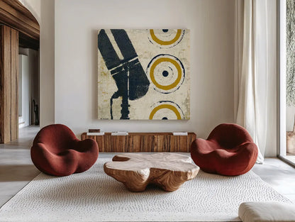 High Fidelity Square II by Michael Mullan. Shown as extra-large giant wall art in a modern living room. Available as an archival giclee rolled canvas, fine art paper, or poster print. SKU 50425a.
