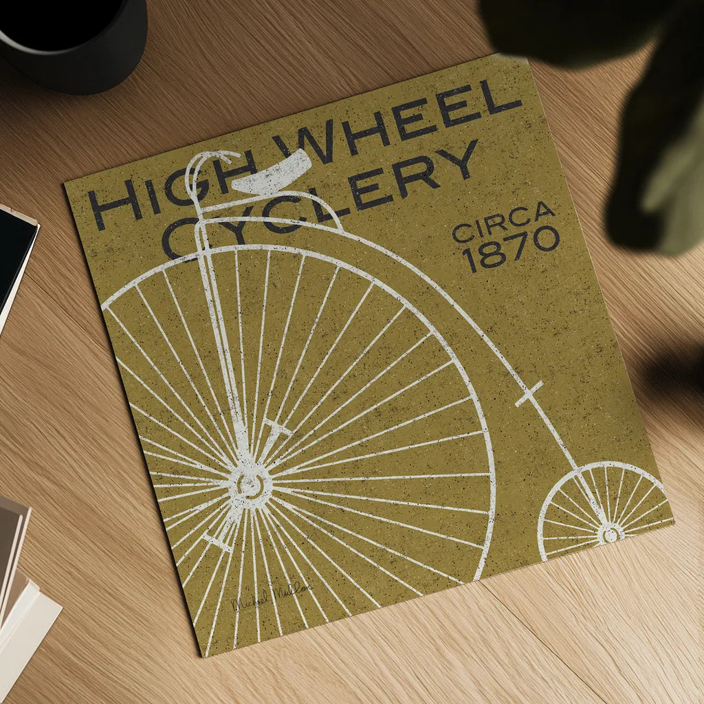 High Wheel Cyclery by Michael Mullan. Shown as a detailed flat fine art print, highlighting archival giclee quality. Available as an archival giclee rolled canvas, fine art paper, or poster print. SKU 11869a.