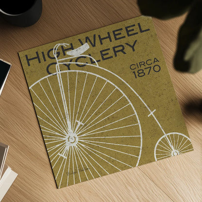 High Wheel Cyclery by Michael Mullan. Shown as a detailed flat fine art print, highlighting archival giclee quality. Available as an archival giclee rolled canvas, fine art paper, or poster print. SKU 11869a.