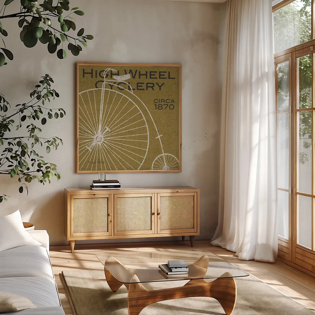 High Wheel Cyclery by Michael Mullan. Shown in a natural wood frame in a cozy modern living room. Available as an archival giclee rolled canvas, fine art paper, or poster print. SKU 11869a.