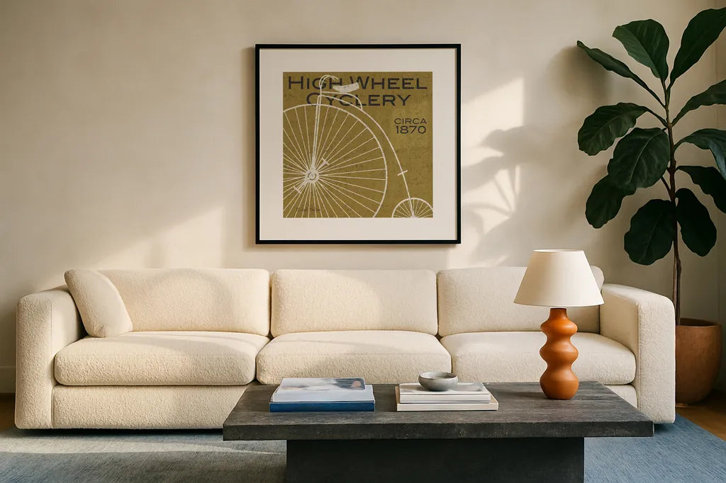 High Wheel Cyclery by Michael Mullan. Displayed in a glass frame with matte in a clean modern living room. Available as an archival giclee rolled canvas, fine art paper, or poster print. SKU 11869a.