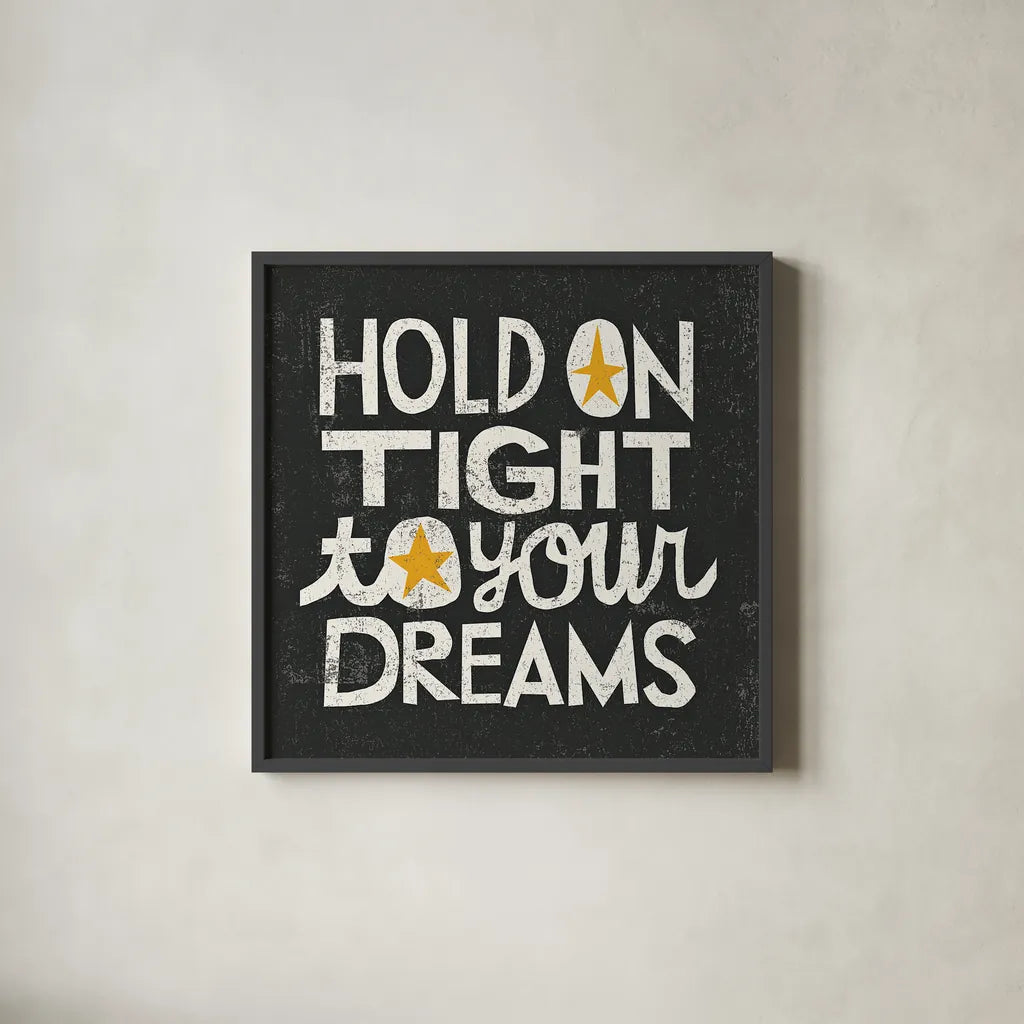 Hold on Tight by Michael Mullan. Shown in a sleek black glass frame for a contemporary gallery look. Available as an archival giclee rolled canvas, fine art paper, or poster print. SKU 12696a.
