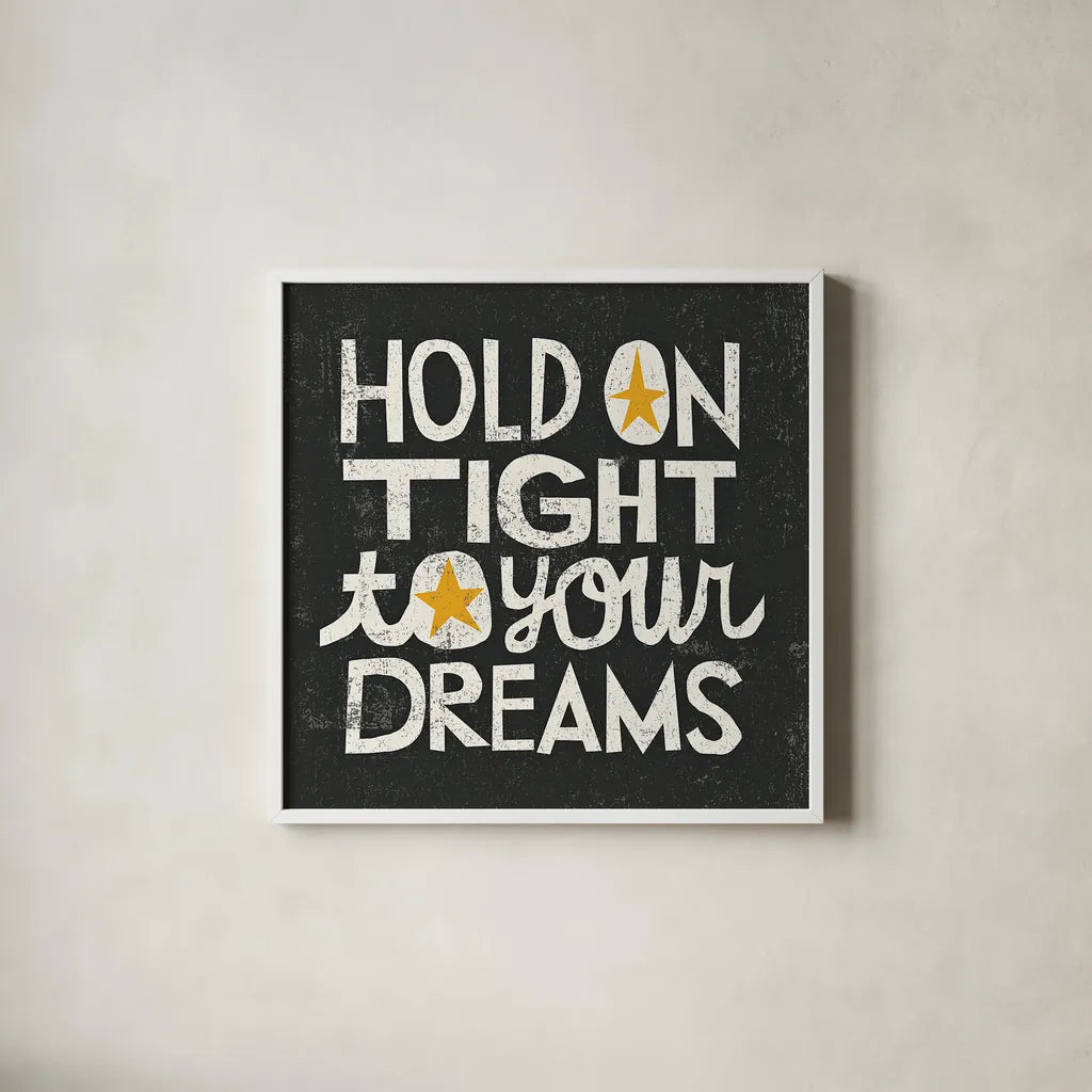 Hold on Tight by Michael Mullan. Shown in a crisp white glass frame for a clean and minimalist style. Available as an archival giclee rolled canvas, fine art paper, or poster print. SKU 12696a.