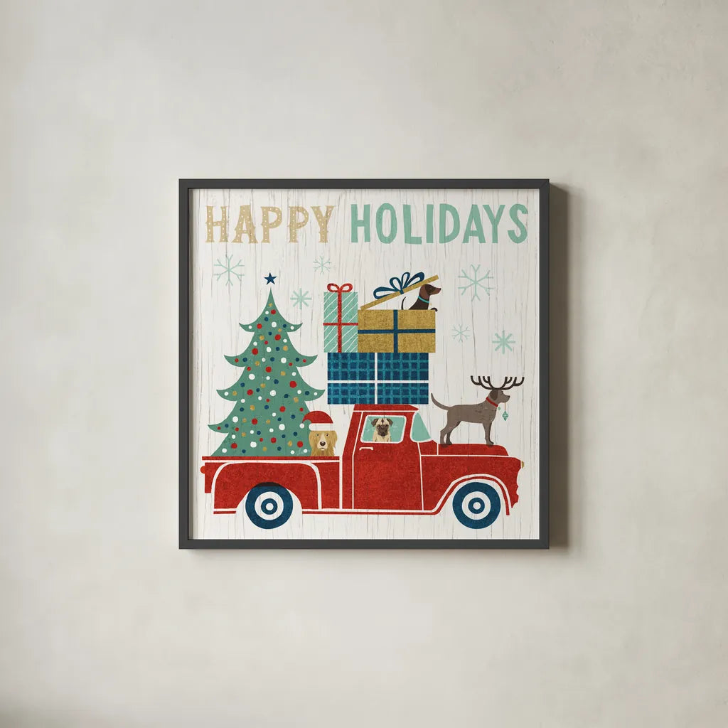 Holiday on Wheels III by Michael Mullan. Shown in a sleek black glass frame for a contemporary gallery look. Available as an archival giclee rolled canvas, fine art paper, or poster print. SKU 21794a.