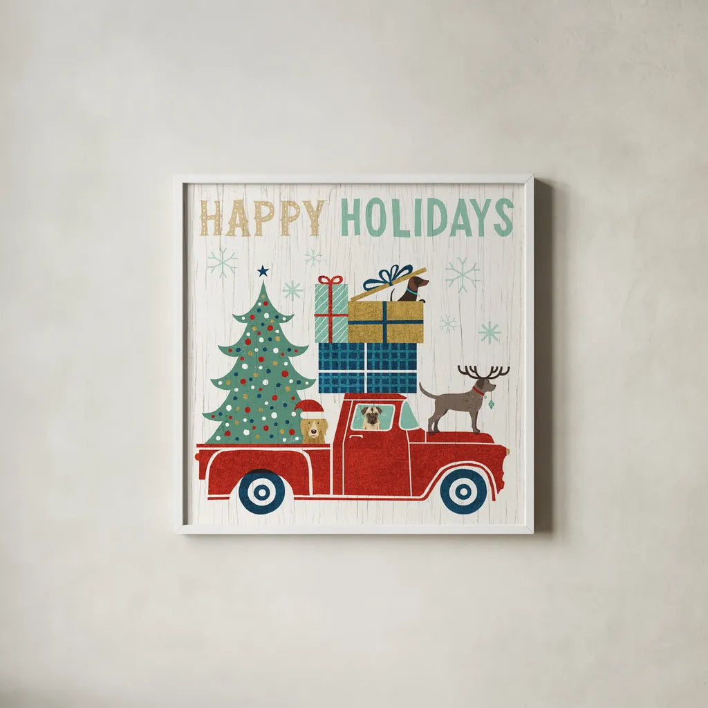 Holiday on Wheels III by Michael Mullan. Shown in a crisp white glass frame for a clean and minimalist style. Available as an archival giclee rolled canvas, fine art paper, or poster print. SKU 21794a.