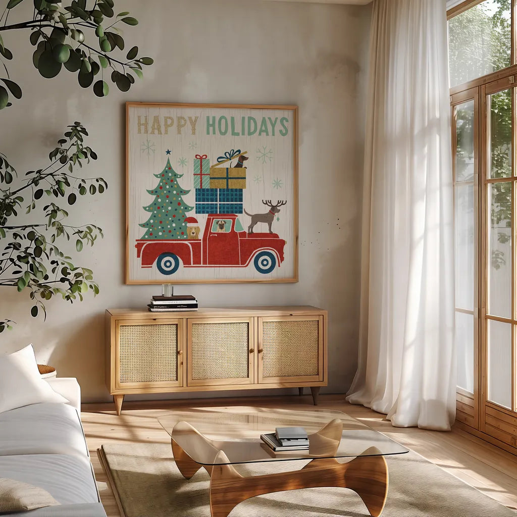 Holiday on Wheels III by Michael Mullan. Shown in a natural wood frame in a cozy modern living room. Available as an archival giclee rolled canvas, fine art paper, or poster print. SKU 21794a.