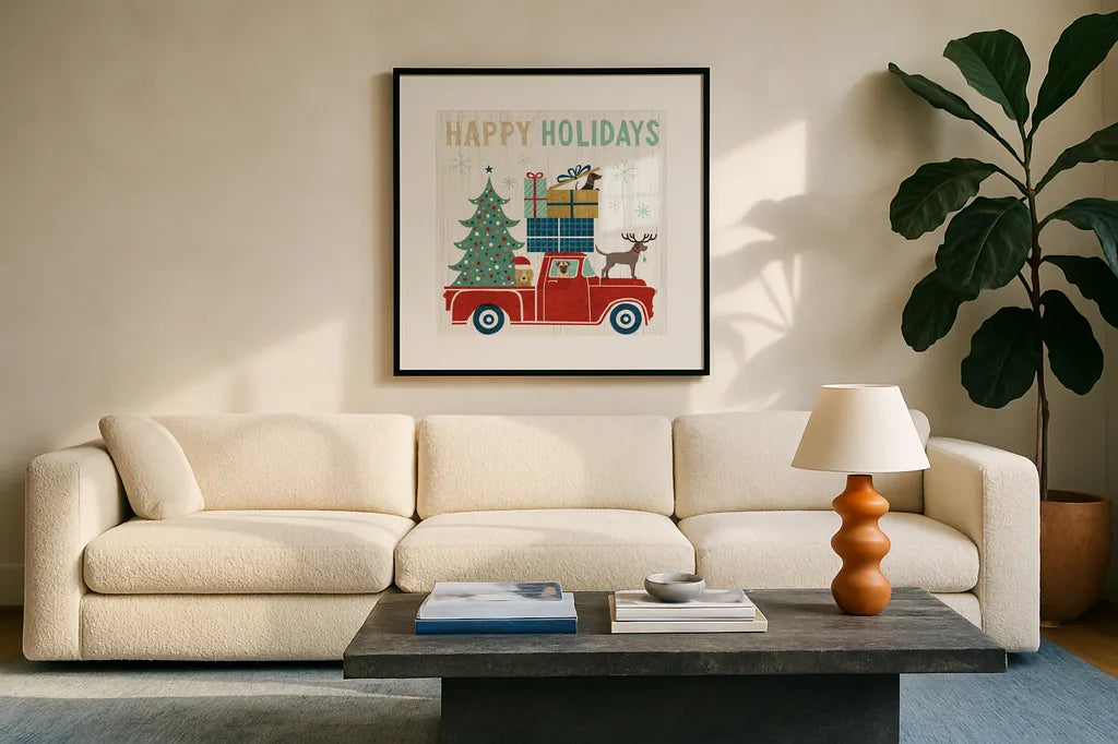 Holiday on Wheels III by Michael Mullan. Displayed in a glass frame with matte in a clean modern living room. Available as an archival giclee rolled canvas, fine art paper, or poster print. SKU 21794a.
