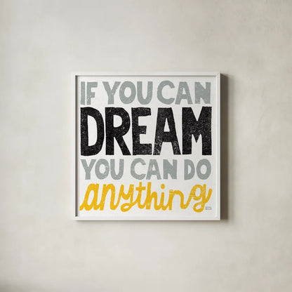 If You Can Dream Gold by Michael Mullan. Shown in a crisp white glass frame for a clean and minimalist style. Available as an archival giclee rolled canvas, fine art paper, or poster print. SKU 18280a.