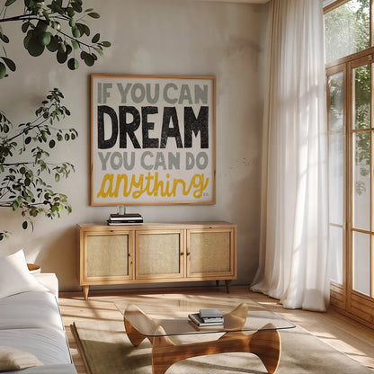 If You Can Dream Gold by Michael Mullan. Shown in a natural wood frame in a cozy modern living room. Available as an archival giclee rolled canvas, fine art paper, or poster print. SKU 18280a.