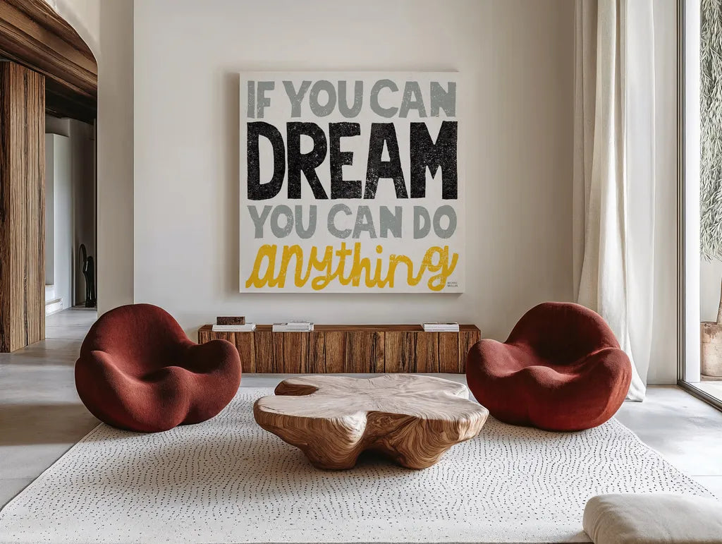 If You Can Dream Gold by Michael Mullan. Shown as extra-large giant wall art in a modern living room. Available as an archival giclee rolled canvas, fine art paper, or poster print. SKU 18280a.