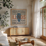 Illinois v2 by Michael Mullan. Shown in a natural wood frame in a cozy modern living room. Available as an archival giclee rolled canvas, fine art paper, or poster print. SKU 20704a.