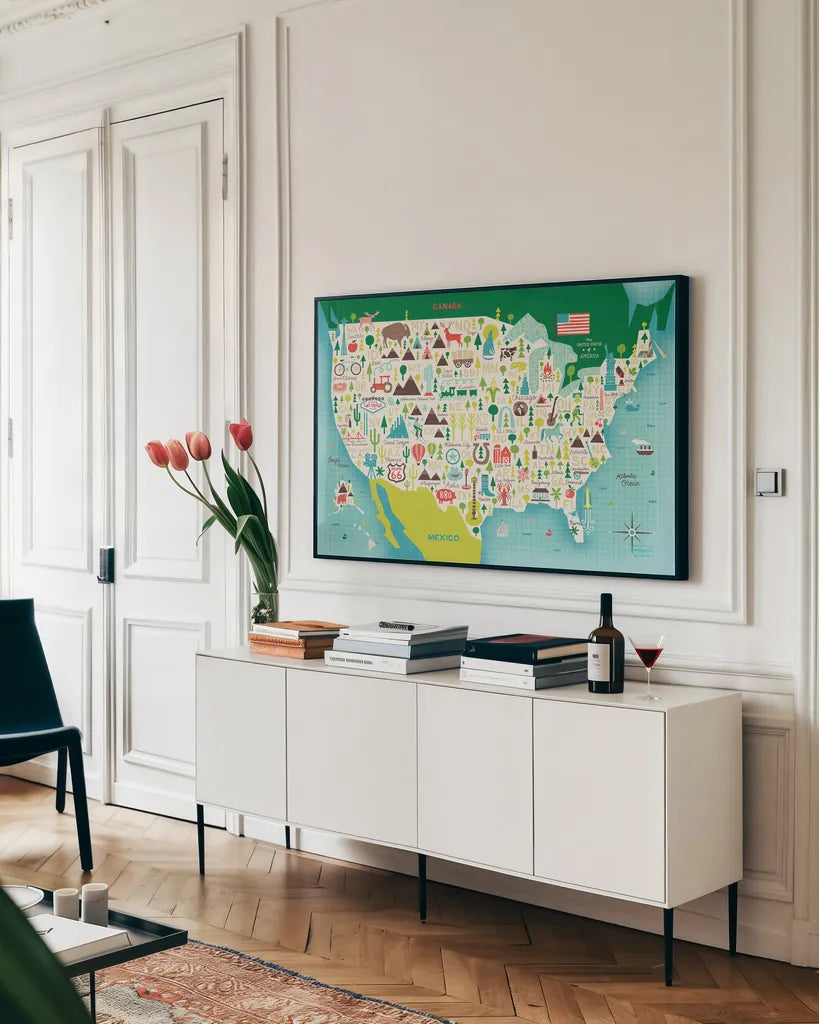 Illustrate USA waves by Michael Mullan. shown as a framed stretched canvas in a living room above a console. Available as a archival giclee rolled canvas, fine art paper, or poster print. SKU 65032i.