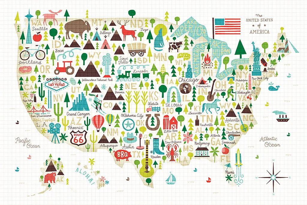 Illustrated USA by Michael Mullan. SKU 25412i. Archival Giclee Fine art print for wall decor.