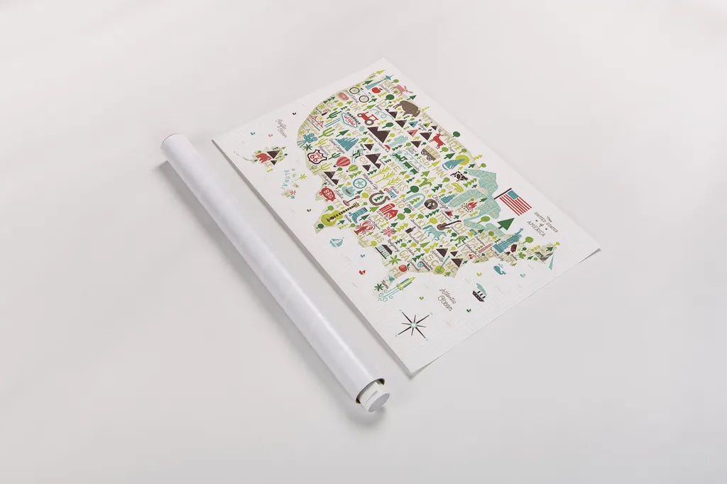 Illustrated USA by Michael Mullan. shown as a rolled paper print. Available as archival giclee rolled canvas, fine art paper, or poster print. SKU 25412i.