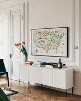 Illustrated USA by Michael Mullan. shown as a framed stretched canvas in a living room above a console. Available as a archival giclee rolled canvas, fine art paper, or poster print. SKU 25412i.