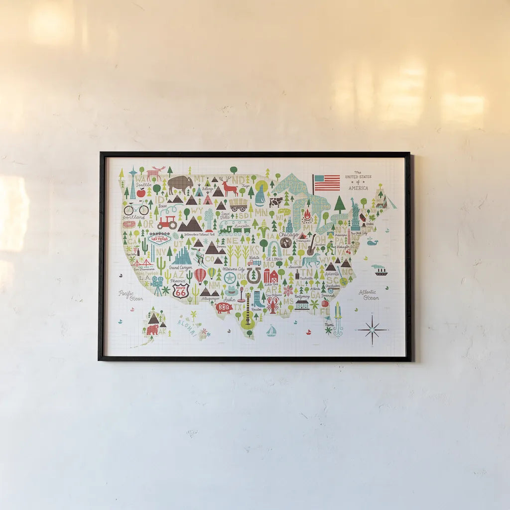 Illustrated USA by Michael Mullan. shown as a paper print in a black flame. Available as a archival giclee rolled canvas, fine art paper, or poster print. SKU 25412i.