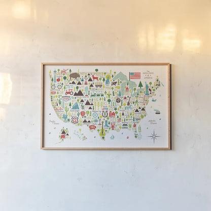 Illustrated USA by Michael Mullan. shown as a paper print in a natural frame. Available as a archival giclee rolled canvas, fine art paper, or poster print. SKU 25412i.