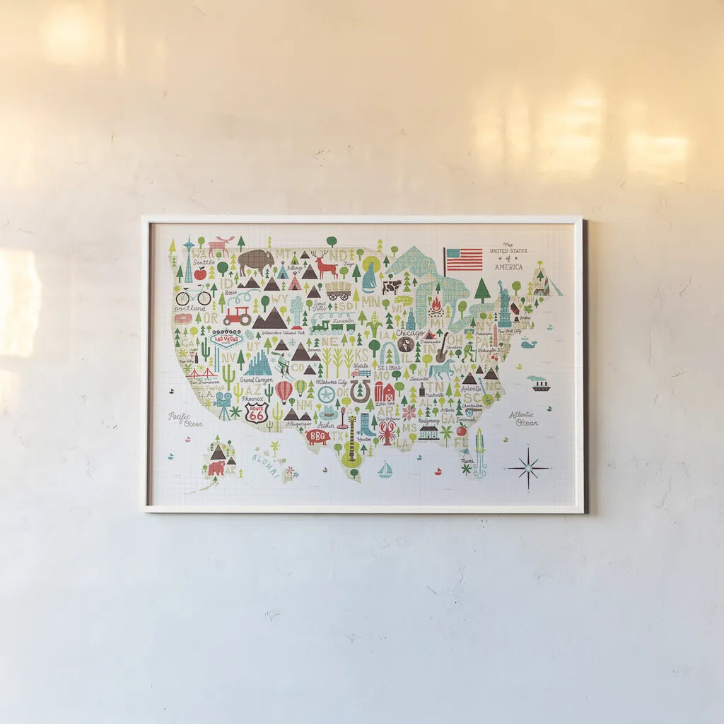 Illustrated USA by Michael Mullan. shown as a paper print in a white frame. Available as a archival giclee rolled canvas, fine art paper, or poster print. SKU 25412i.