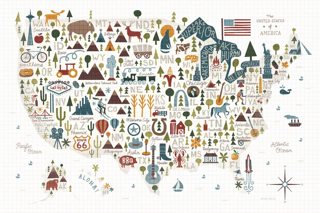 Illustrated USA Warm by Michael Mullan. SKU 58964i. Archival Giclee Fine art print for wall decor.