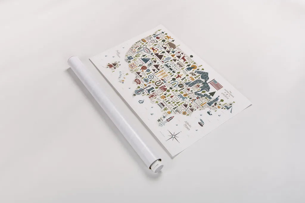 Illustrated USA Warm by Michael Mullan. shown as a rolled paper print. Available as archival giclee rolled canvas, fine art paper, or poster print. SKU 58964i.