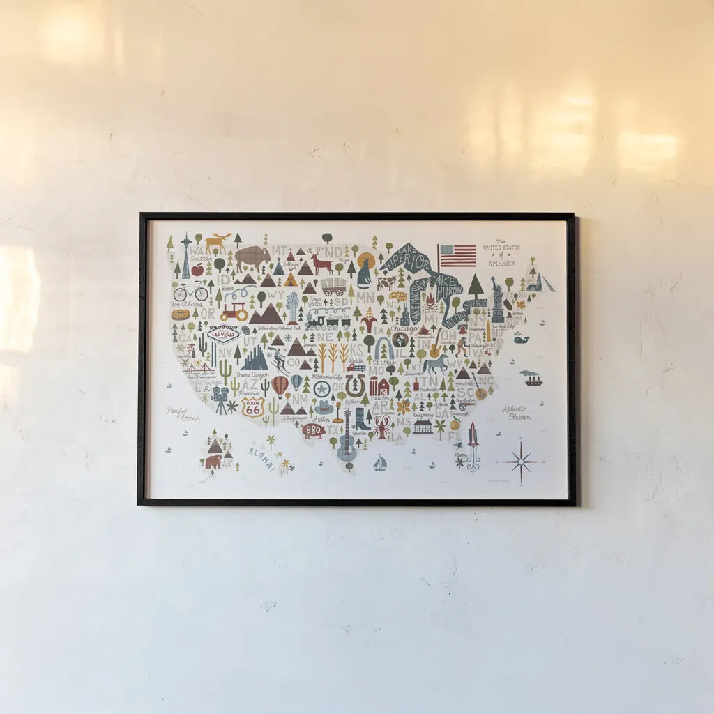 Illustrated USA Warm by Michael Mullan. shown as a paper print in a black flame. Available as a archival giclee rolled canvas, fine art paper, or poster print. SKU 58964i.