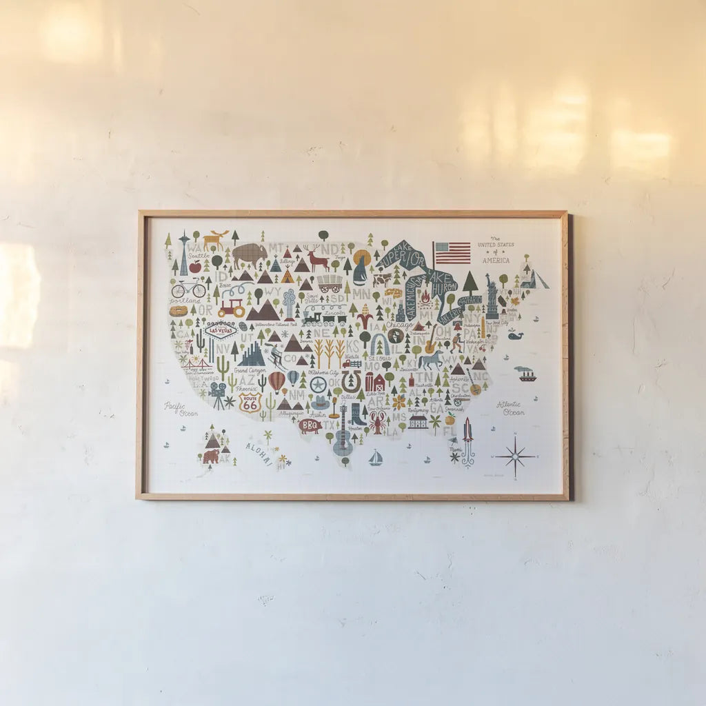 Illustrated USA Warm by Michael Mullan. shown as a paper print in a natural frame. Available as a archival giclee rolled canvas, fine art paper, or poster print. SKU 58964i.