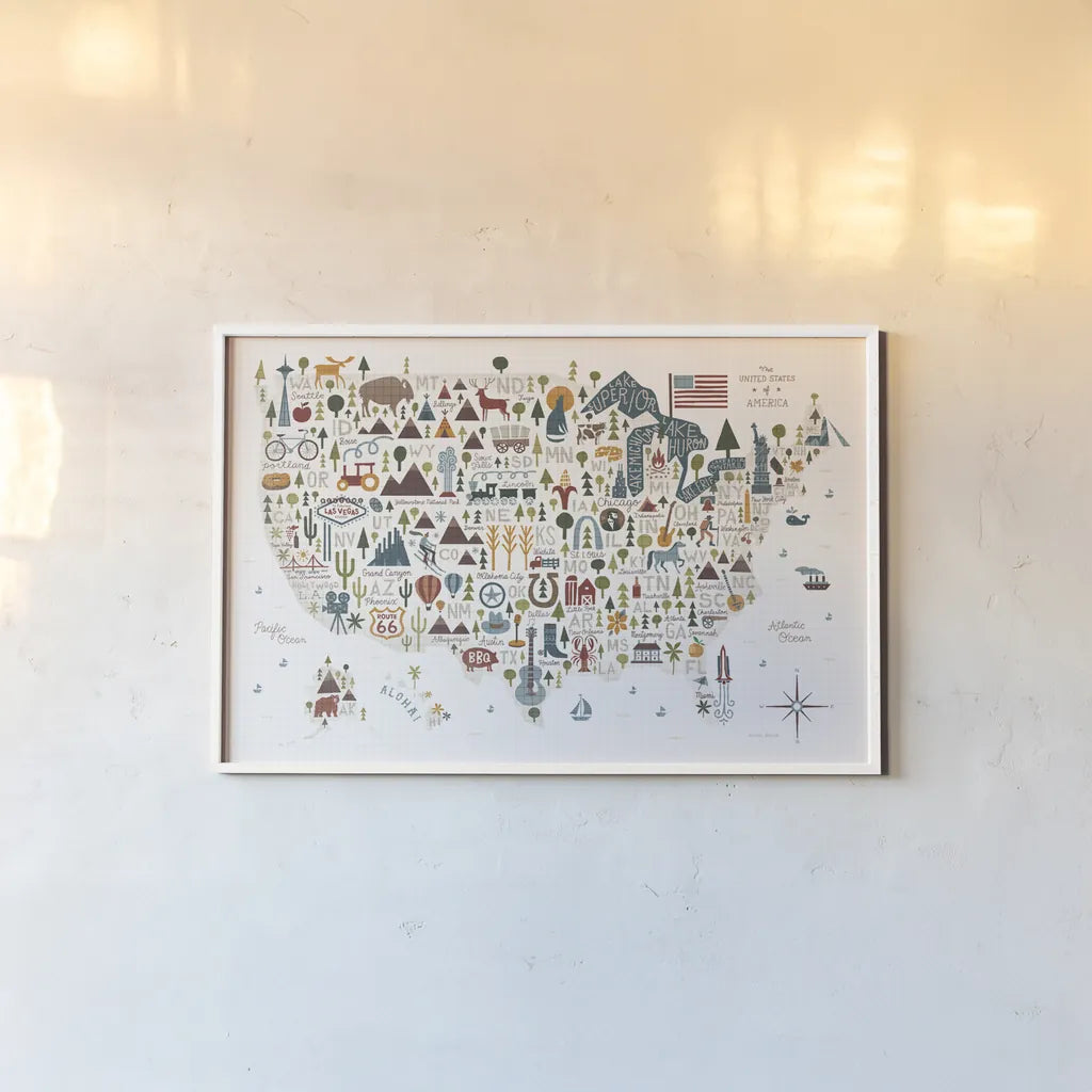 Illustrated USA Warm by Michael Mullan. shown as a paper print in a white frame. Available as a archival giclee rolled canvas, fine art paper, or poster print. SKU 58964i.