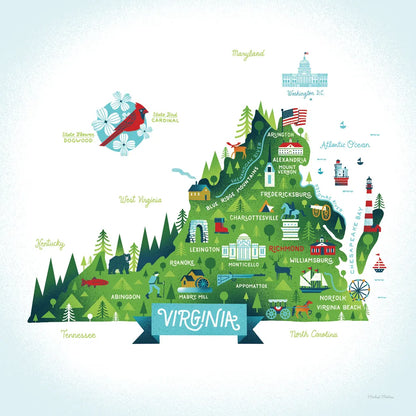Illustrated Virginia by Michael Mullan. SKU 37542a. Archival Giclee Fine art print for wall decor.